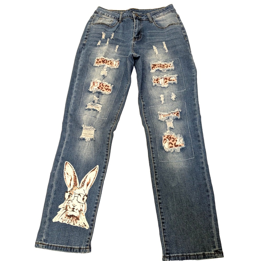 Distressed Wear Jeans Womens 8 Blue Leopard Patchwork Bunny Glasses Graphic Y2K